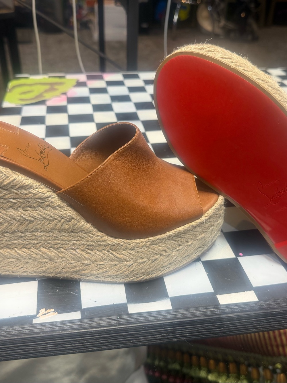 Christian Louboutin Brown Leather Espadrille Wedge Sandals with Red Heel